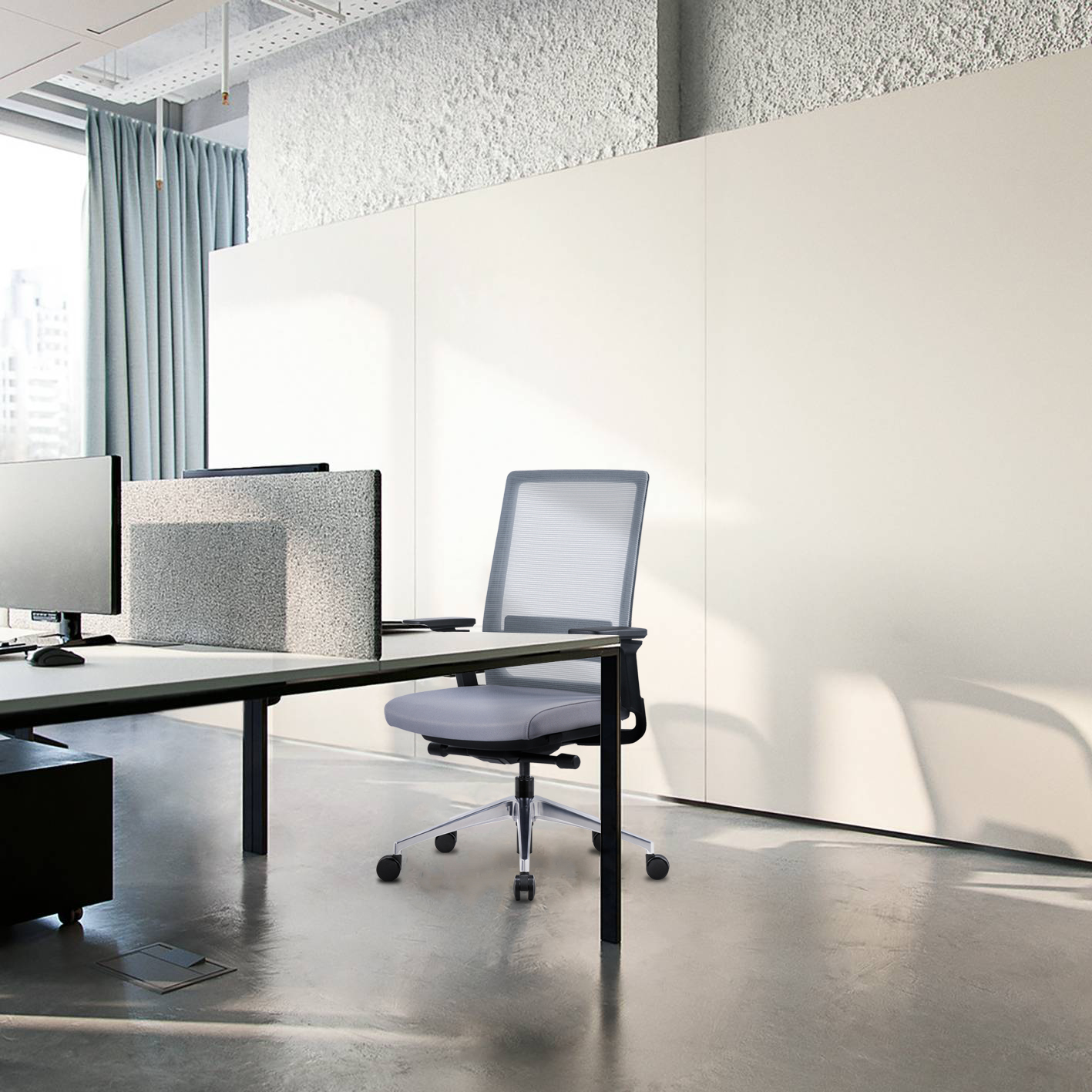Gravity Task Chair in Gray Mesh and Gray Seat at Workstation