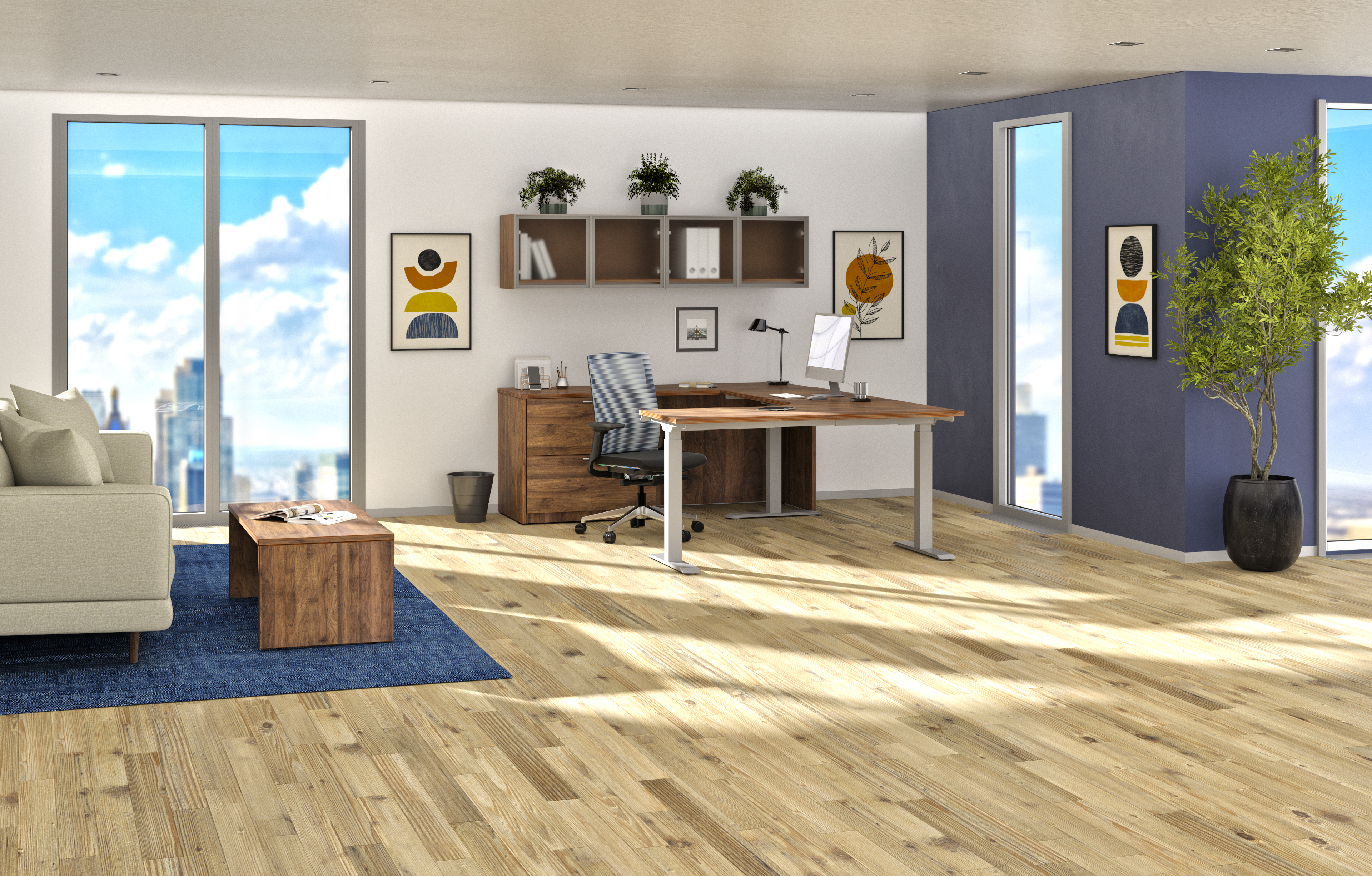iRize Executive Office in Walnut with a Silver Base + Kai Wall Mounted Hutches, Kai Credenza, and Kai End Table