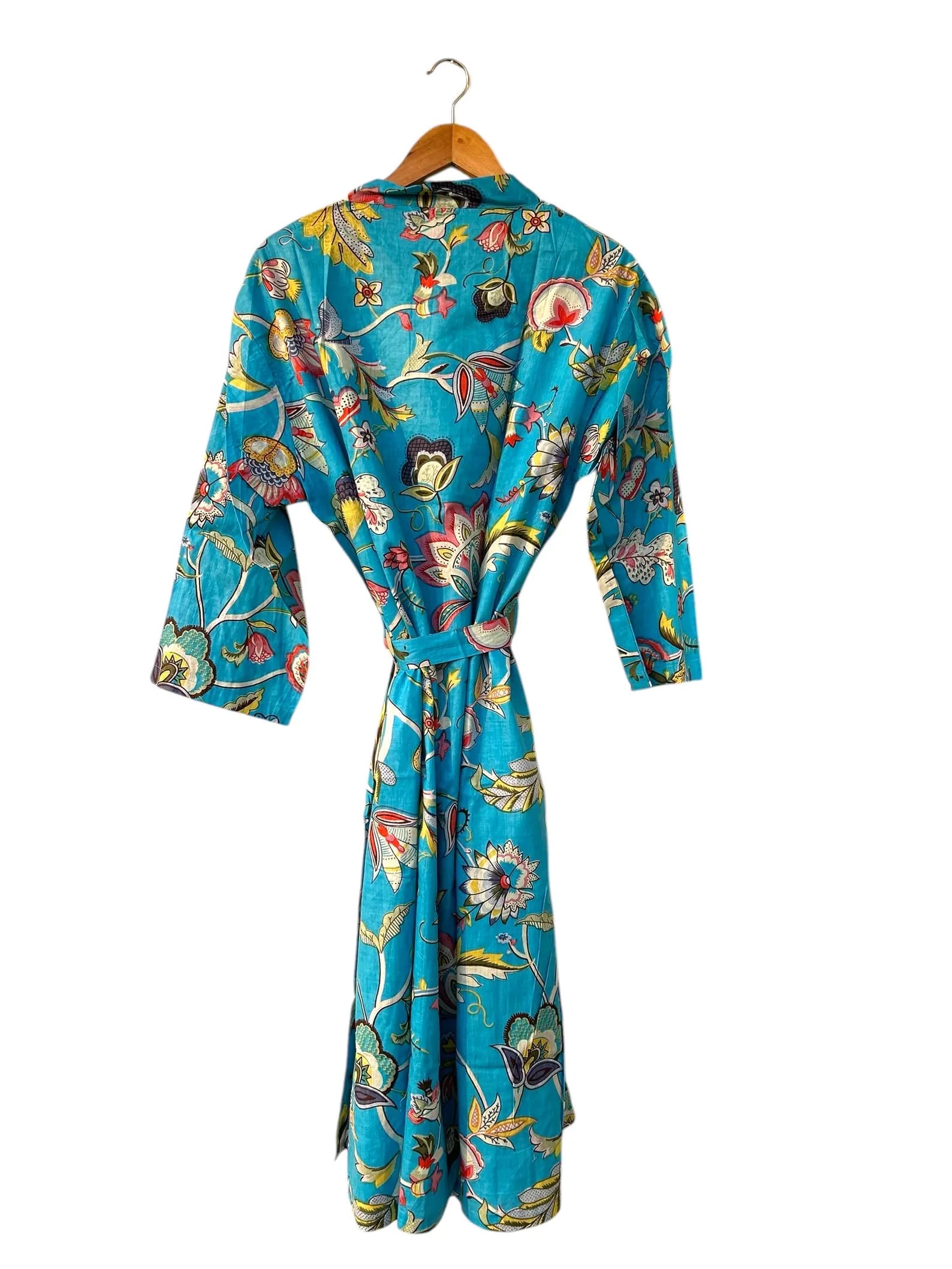 Blue Floral Kimono Robe Women, Hand Block Printed Cotton Bathrobe, Boho Dressing Gown product image