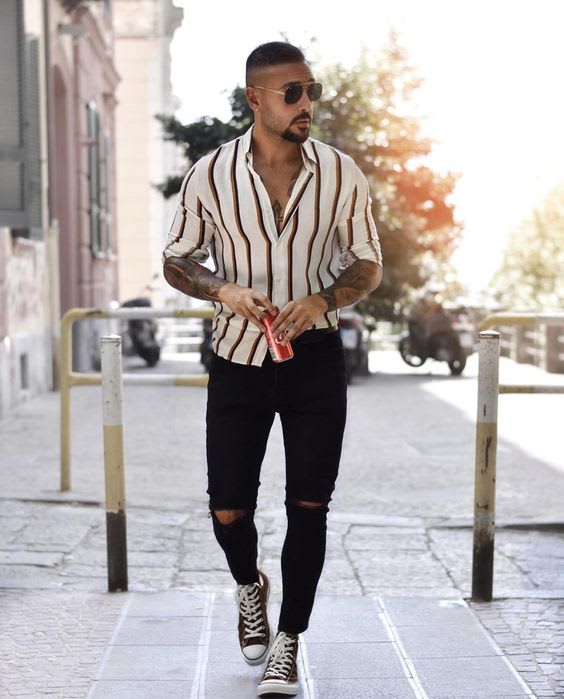 white shirt with black vertical stripes