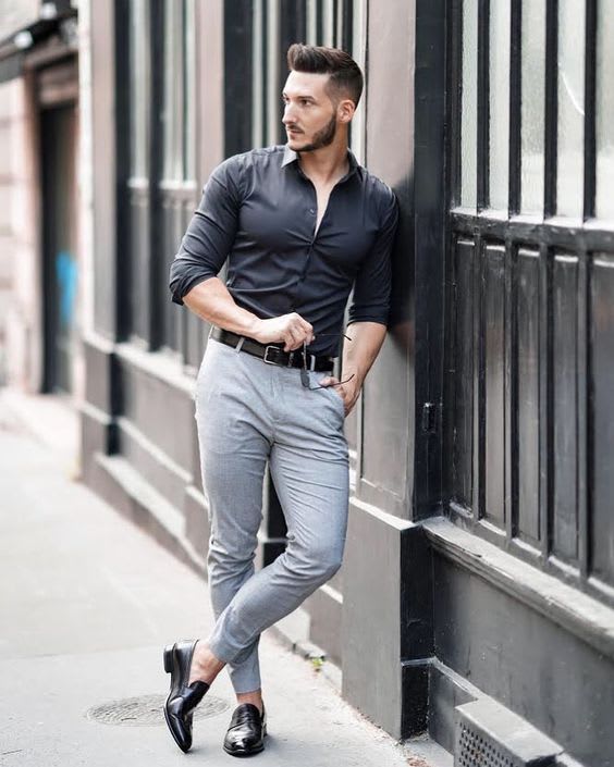 black shirt and silver pants formal