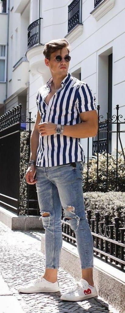 Slim Fit Striped Shirt | White and blue Vertical Striped Shirt For men