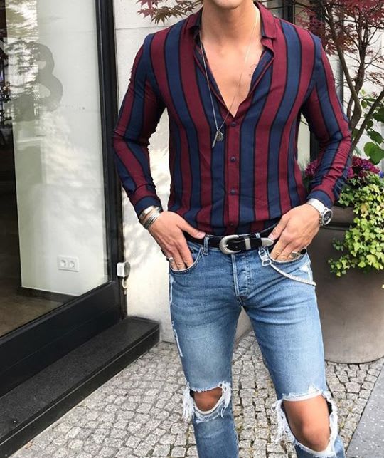 Red and blue vertical striped shirt for men