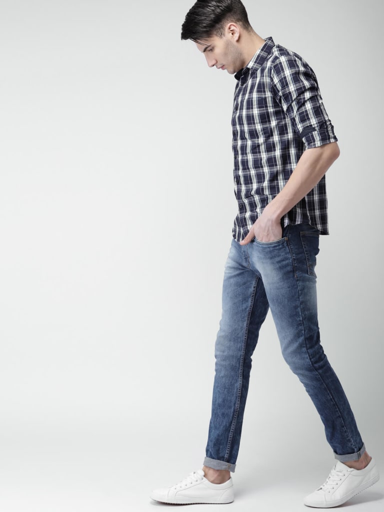 CHECKED BLUE SHIRT WITH DENIM JEANS