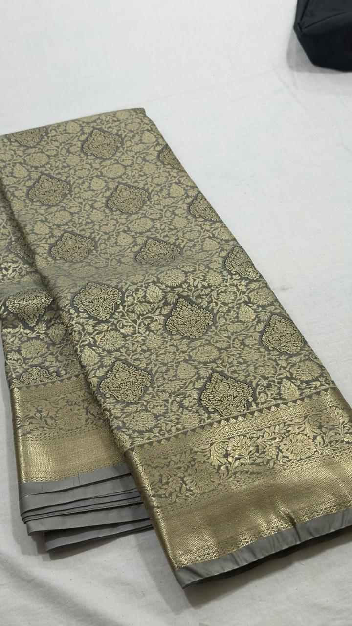 Charcoal Grey & Antique Gold Paisley Jaal Kanjivaram Silk Saree