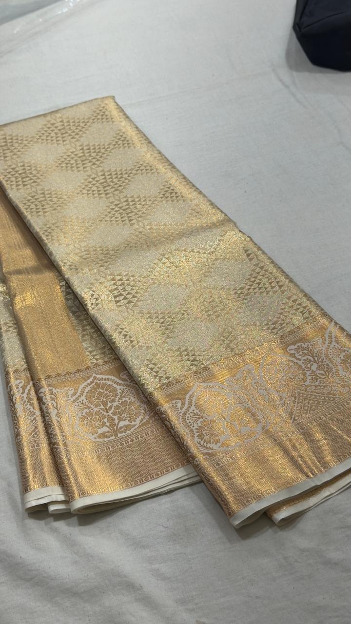 Ivory Gold & Champagne Geometric Zari Kanjivaram Silk Saree