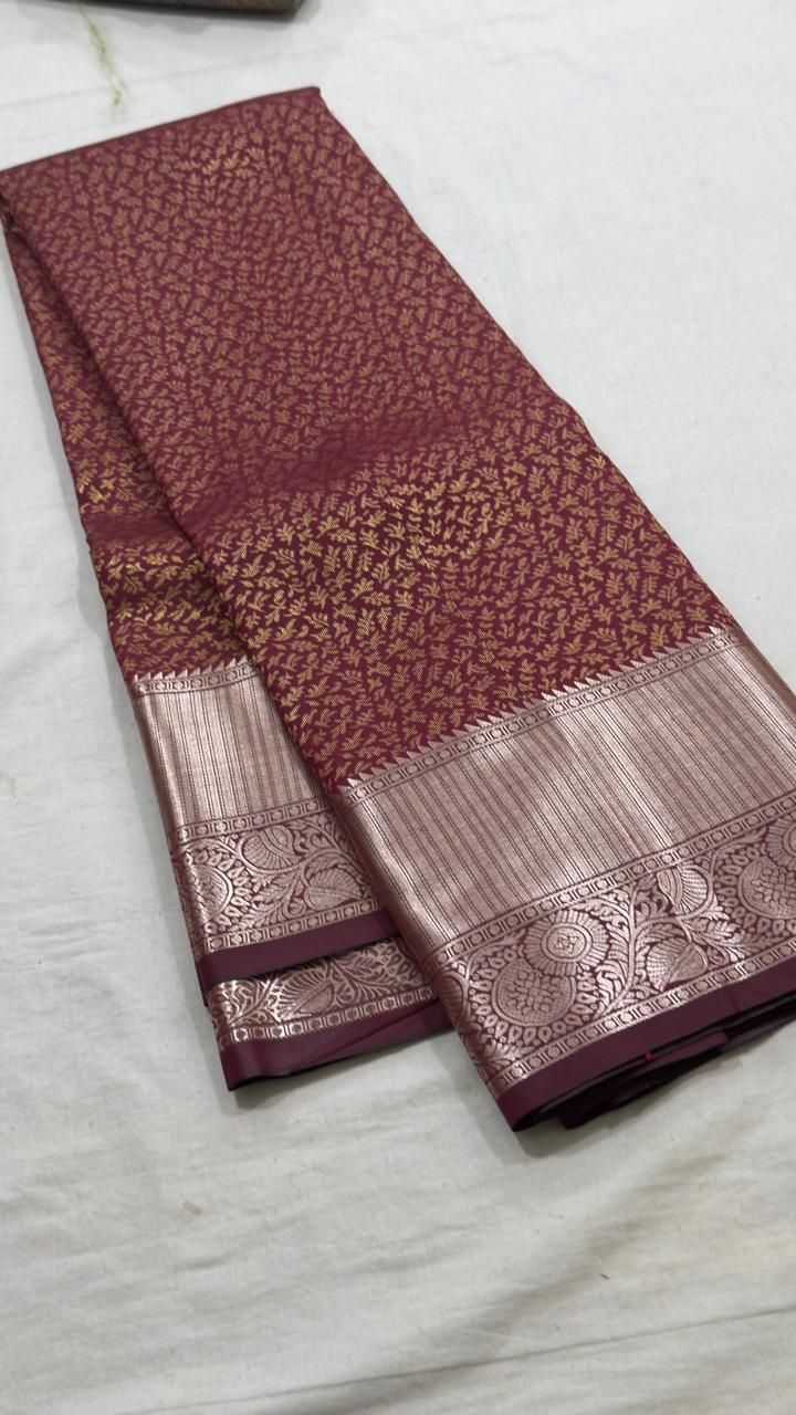 Deep Wine Maroon & Rose Gold Leaf Jaal Kanjivaram Silk Saree