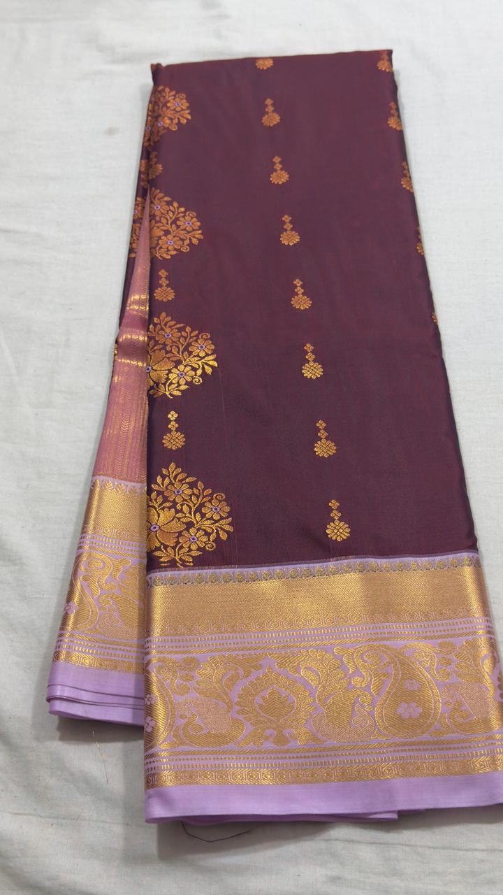 Wine Maroon & Lilac Gold Floral Zari Kanjivaram Silk Saree view 1 - Rangam Saradha Silks