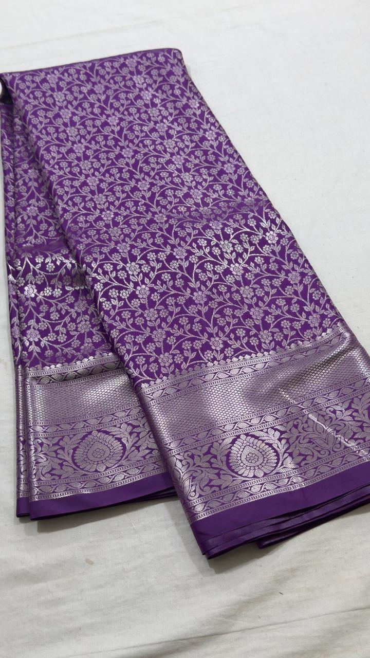 Royal Purple & Silver Floral Vine Zari Kanjivaram Silk Saree