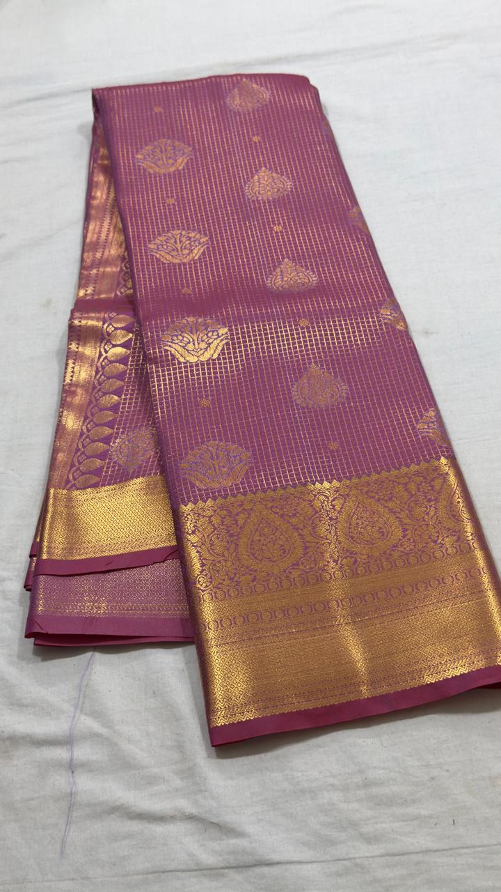 Plum Magenta & Antique Gold Lotus Grid Zari Kanjivaram Silk Saree