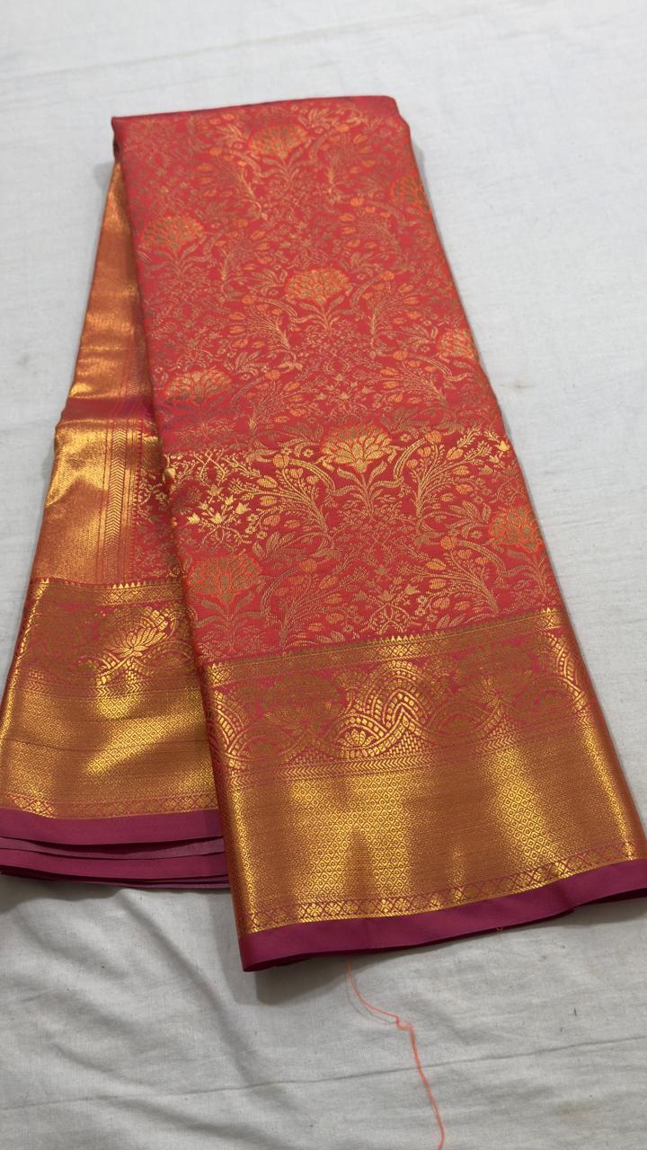 Coral Red & Antique Gold Floral Brocade Kanjivaram Silk Saree