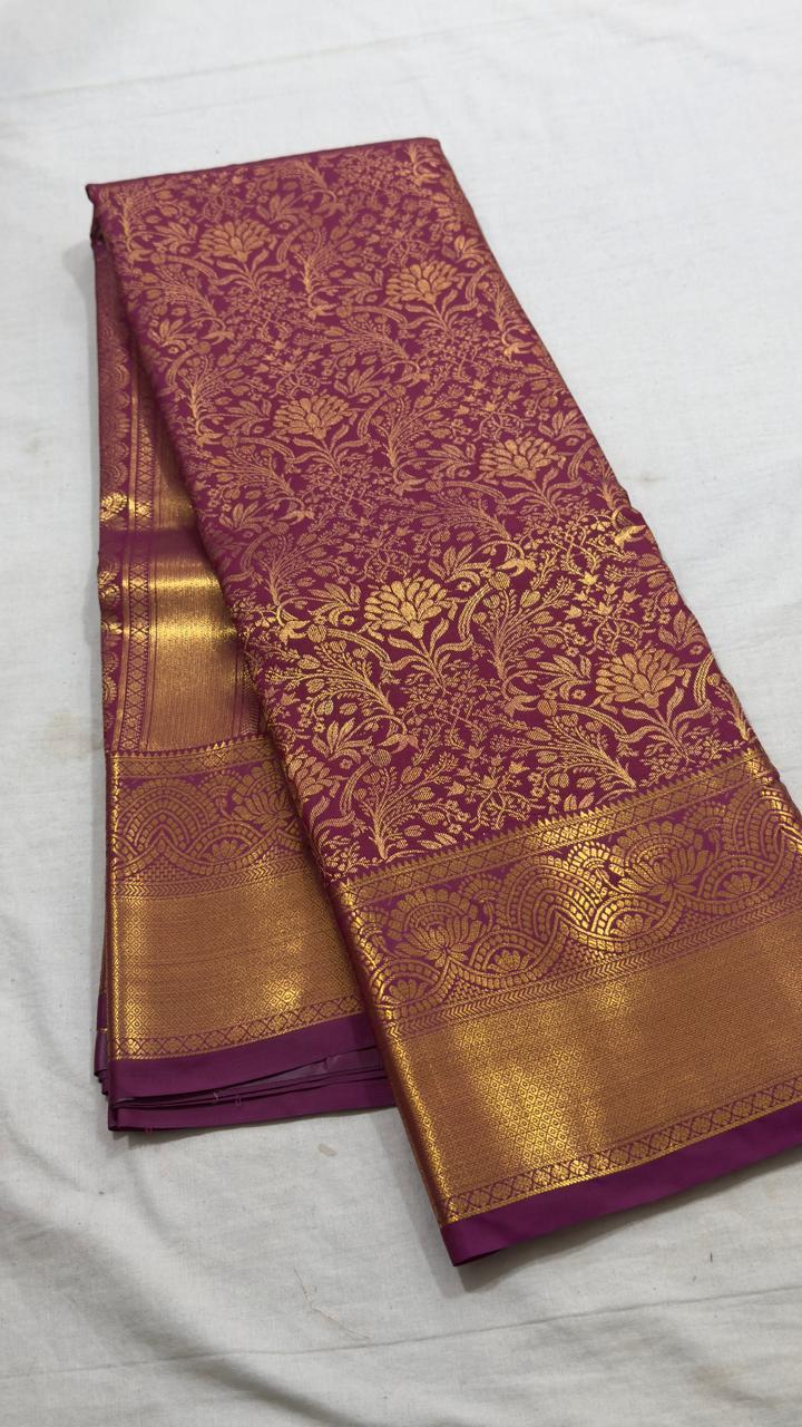 Burgundy Plum & Antique Gold Floral Brocade Kanjivaram Silk Saree