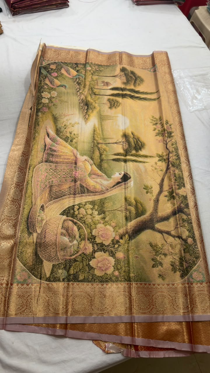 Antique Gold Scenic Floral Digital Print Saree