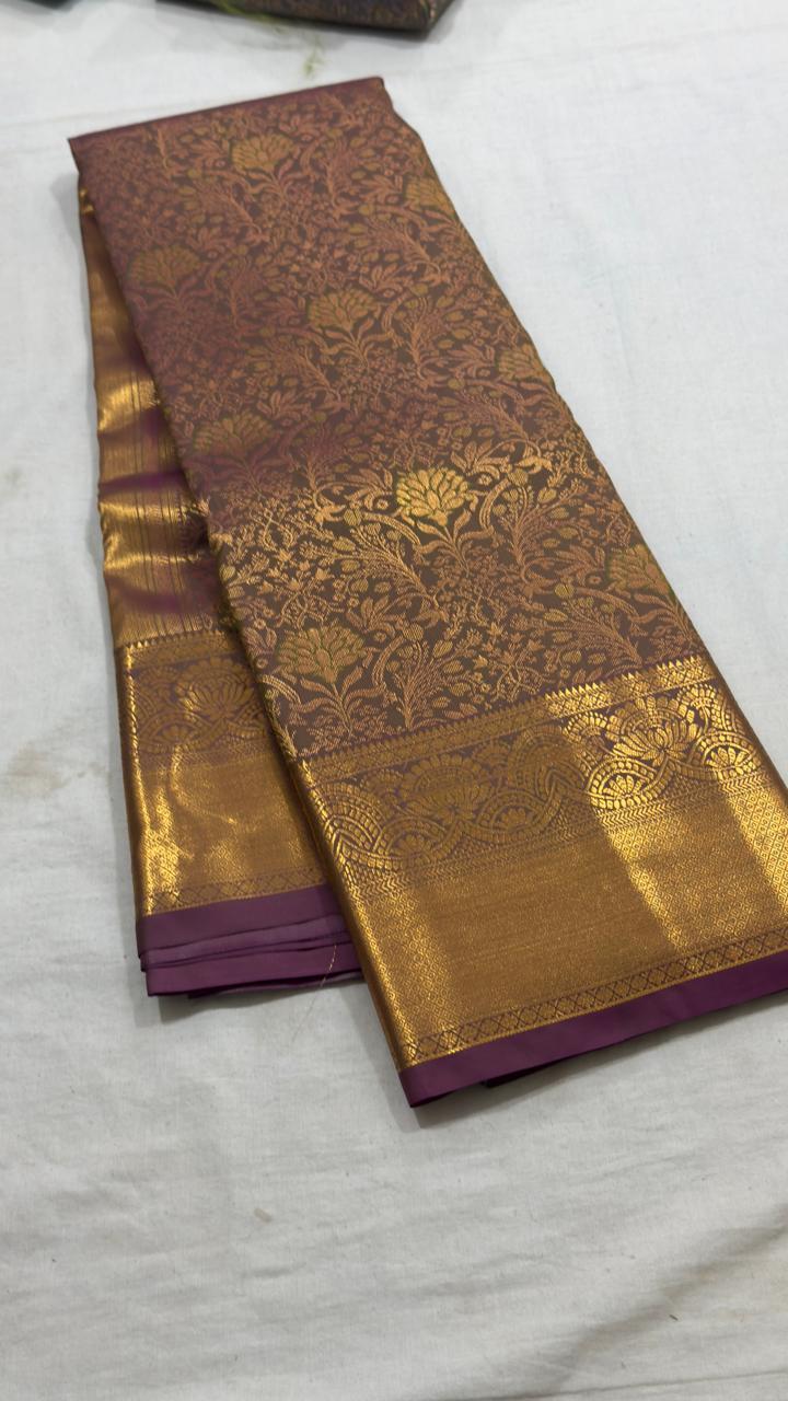 Mocha Brown & Antique Gold Floral Brocade Kanjivaram Silk Saree