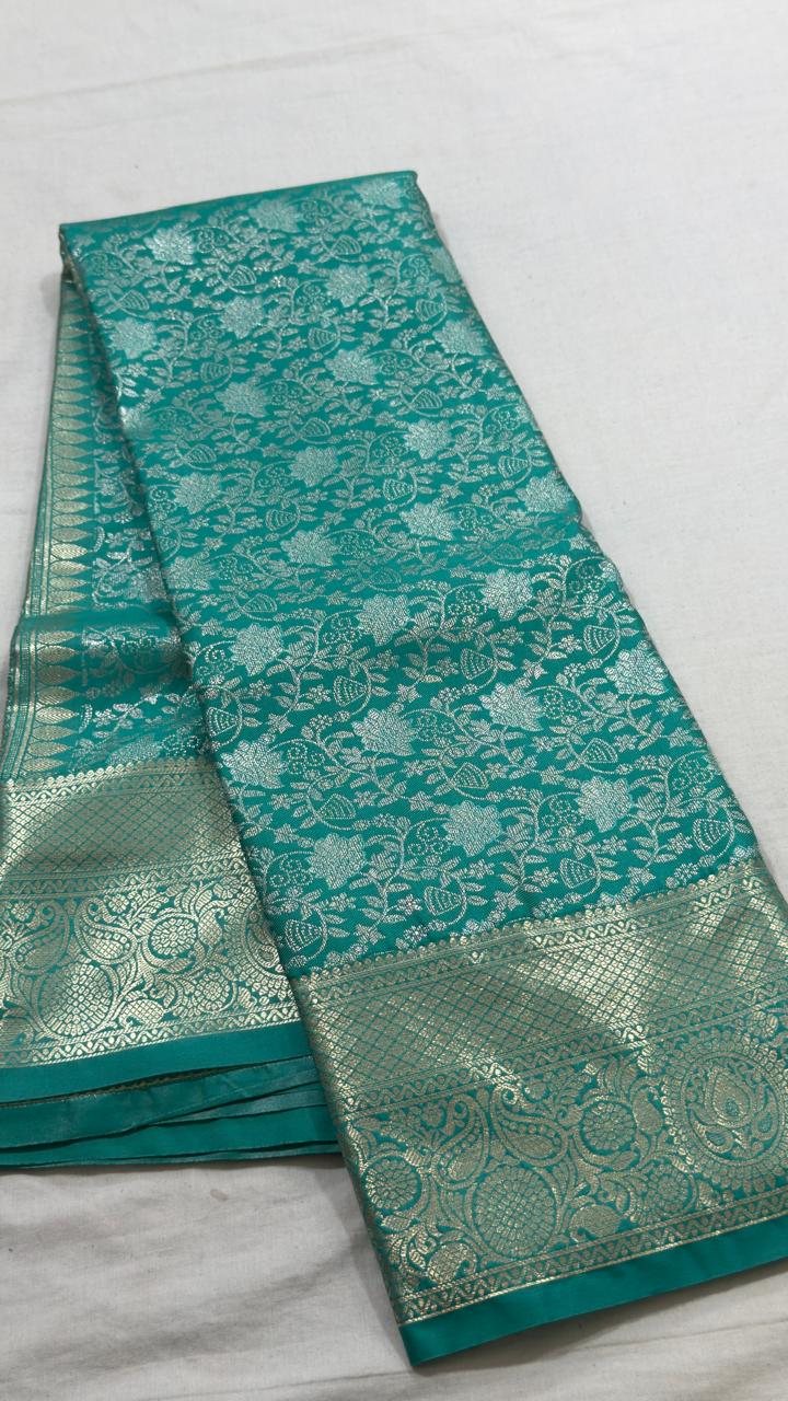 Peacock Teal & Silver Floral Brocade Kanjivaram Silk Saree