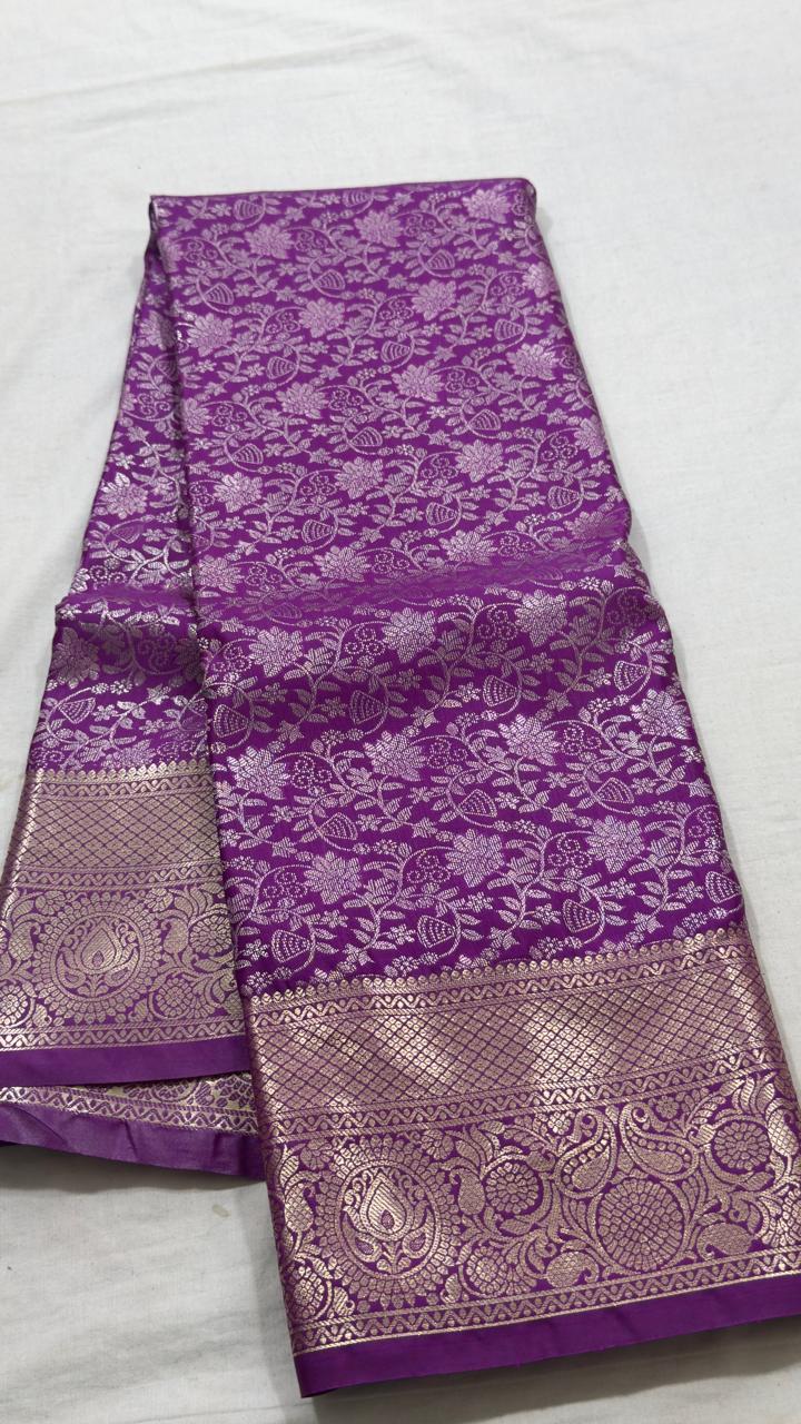 Royal Violet & Silver Floral Paisley Brocade Kanjivaram Silk Saree
