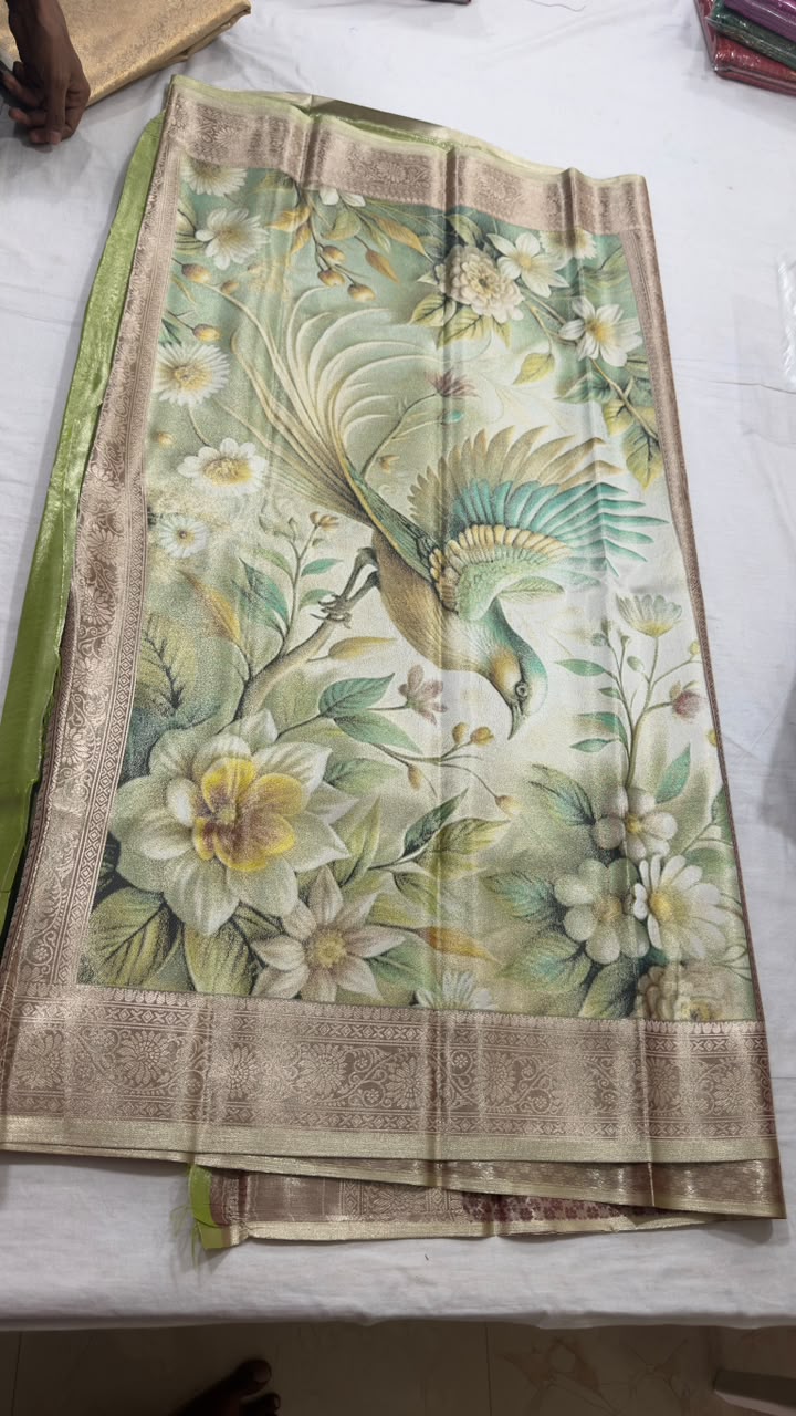 Sage Green Floral & Bird Scenic Designer Silk Saree