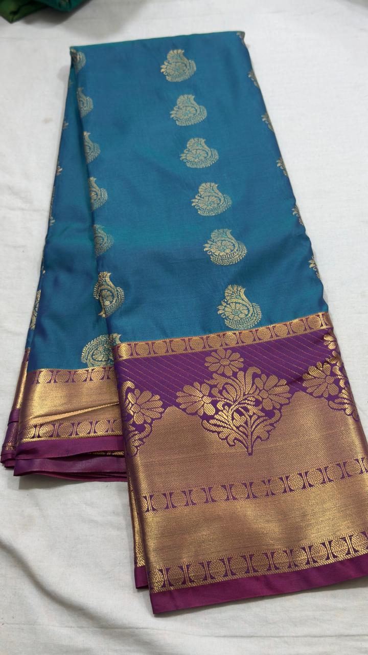 Peacock Blue & Purple Gold Paisley Kanjivaram Silk Saree
