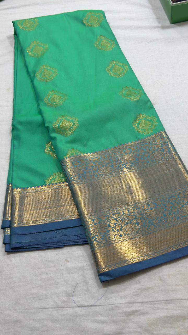 Emerald Green & Slate Blue Gold Butta Kanjivaram Silk Saree