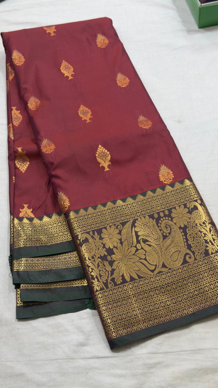 Wine Maroon & Bottle Green Gold Butta Kanjivaram Silk Saree