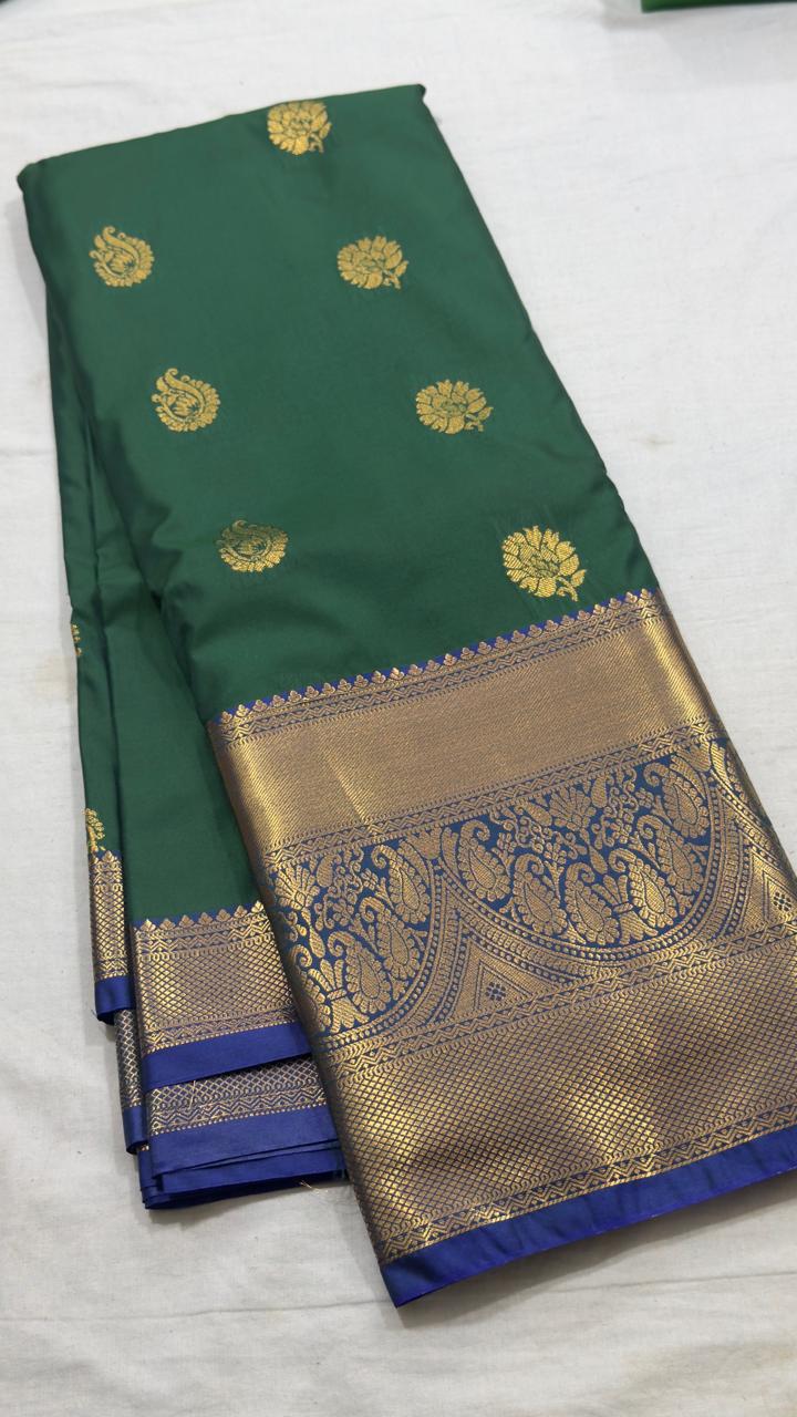 Forest Green & Royal Blue Gold Butta Kanjivaram Silk Saree