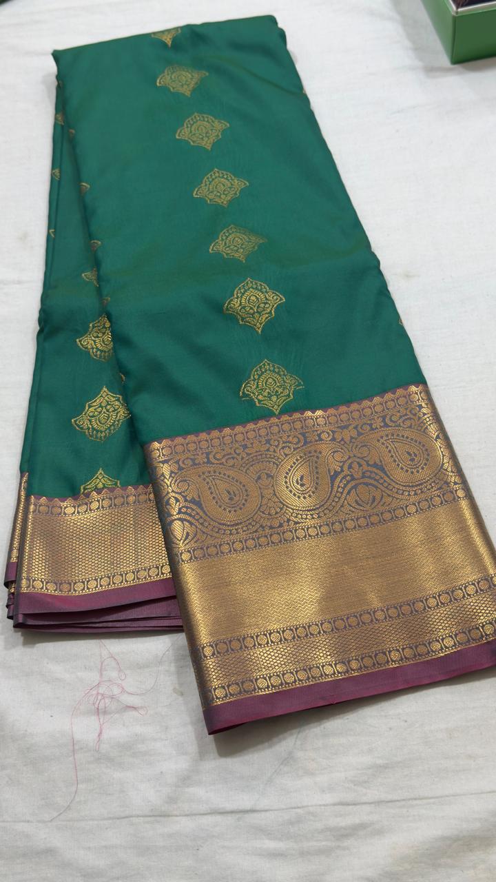 Teal Green & Wine Gold Paisley Butta Kanjivaram Silk Saree