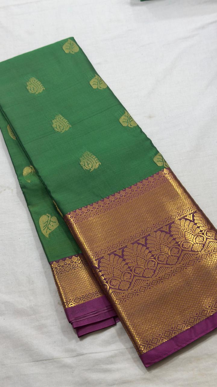 Parrot Green & Magenta Antique Gold Butta Kanjivaram Silk Saree