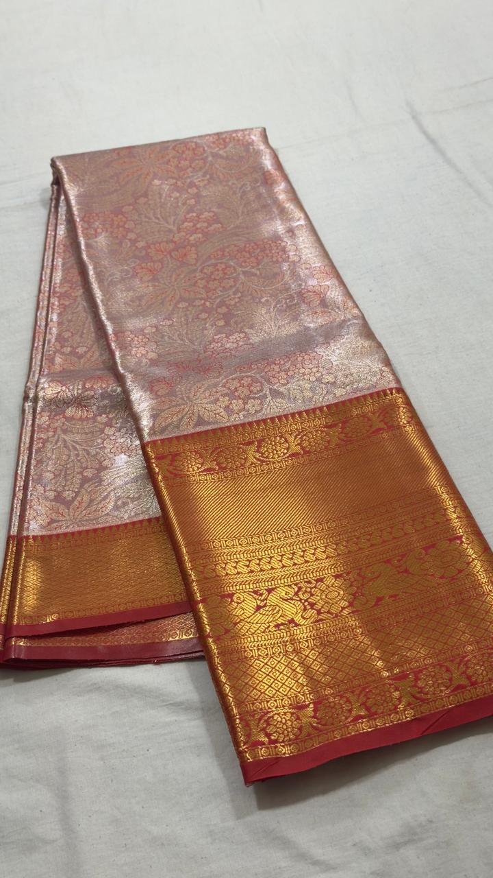 Dusty Rose & Antique Gold Floral Zari Kanjivaram Silk Saree