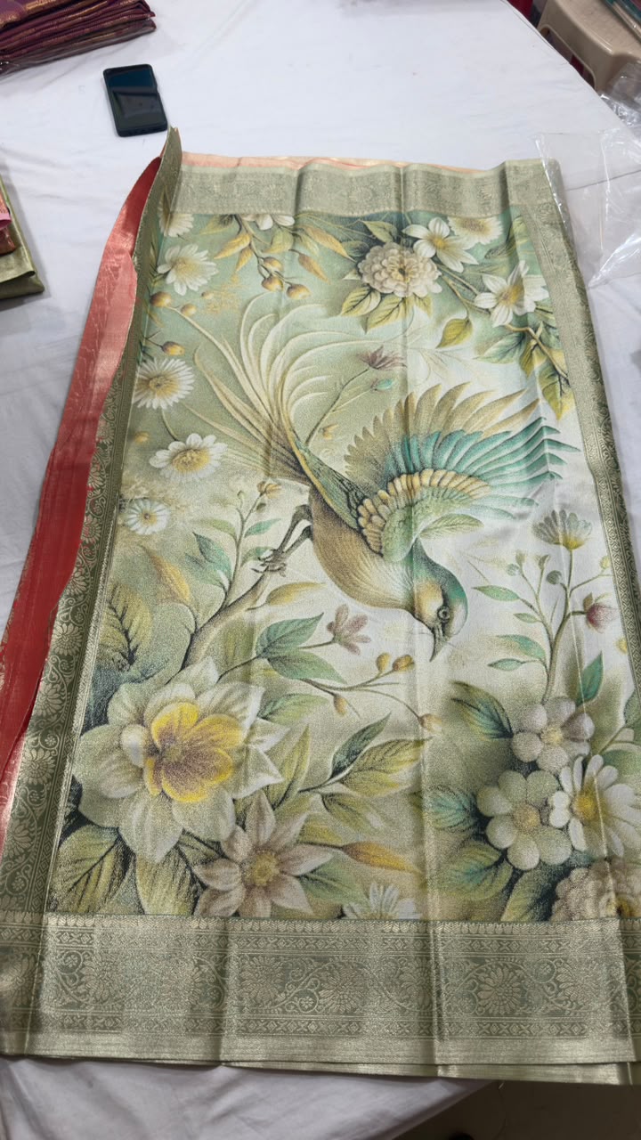 Peach Gold Floral & Scenic Bird Designer Silk Saree