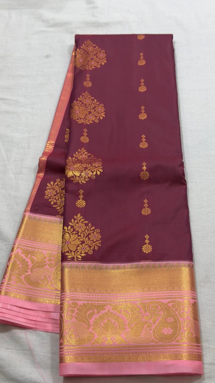 Wine Maroon & Pink Gold Floral Zari Kanjivaram Silk Saree view 1 - Rangam Saradha Silks