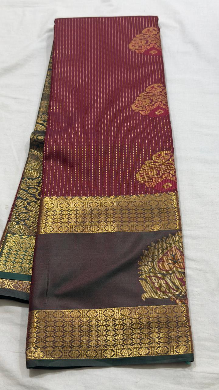 Wine Maroon & Antique Gold Floral Zari Kanjivaram Silk Saree view 1 - Rangam Saradha Silks