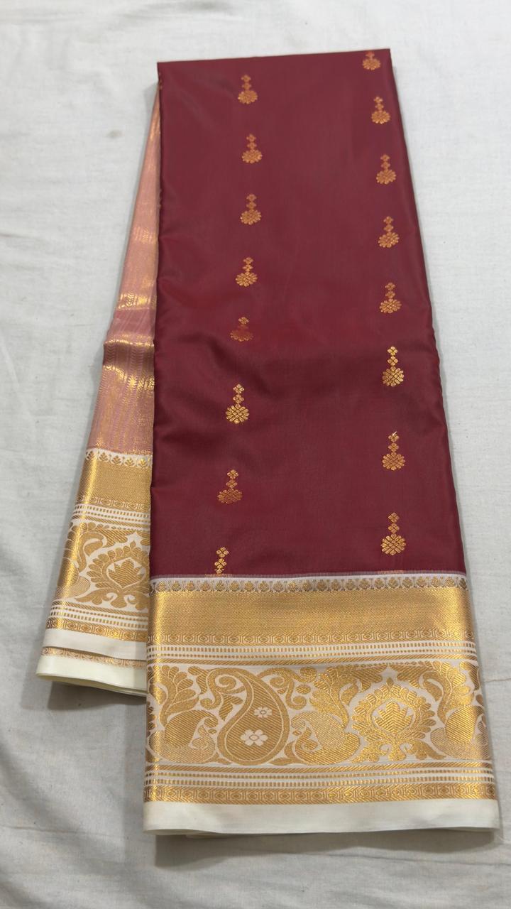 Wine Maroon & Ivory Gold Peacock Zari Kanjivaram Silk Saree view 1 - Rangam Saradha Silks