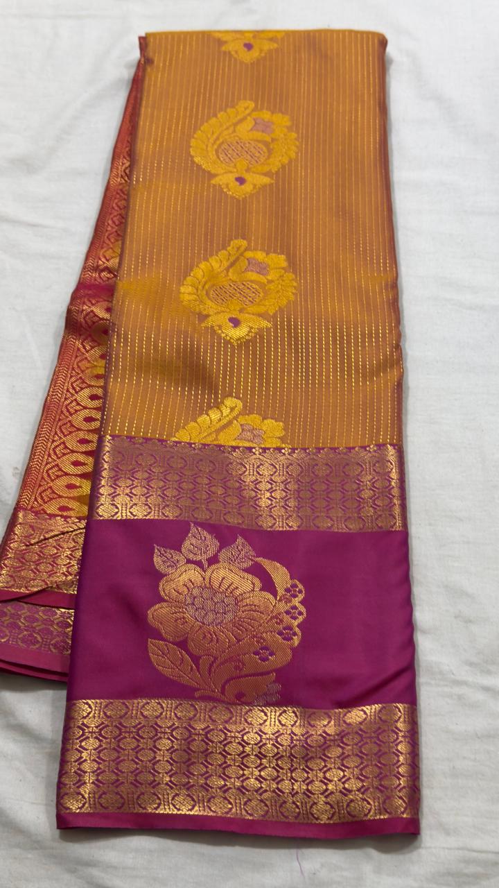 Mustard Gold & Magenta Floral Zari Kanjivaram Silk Saree view 1 - Rangam Saradha Silks
