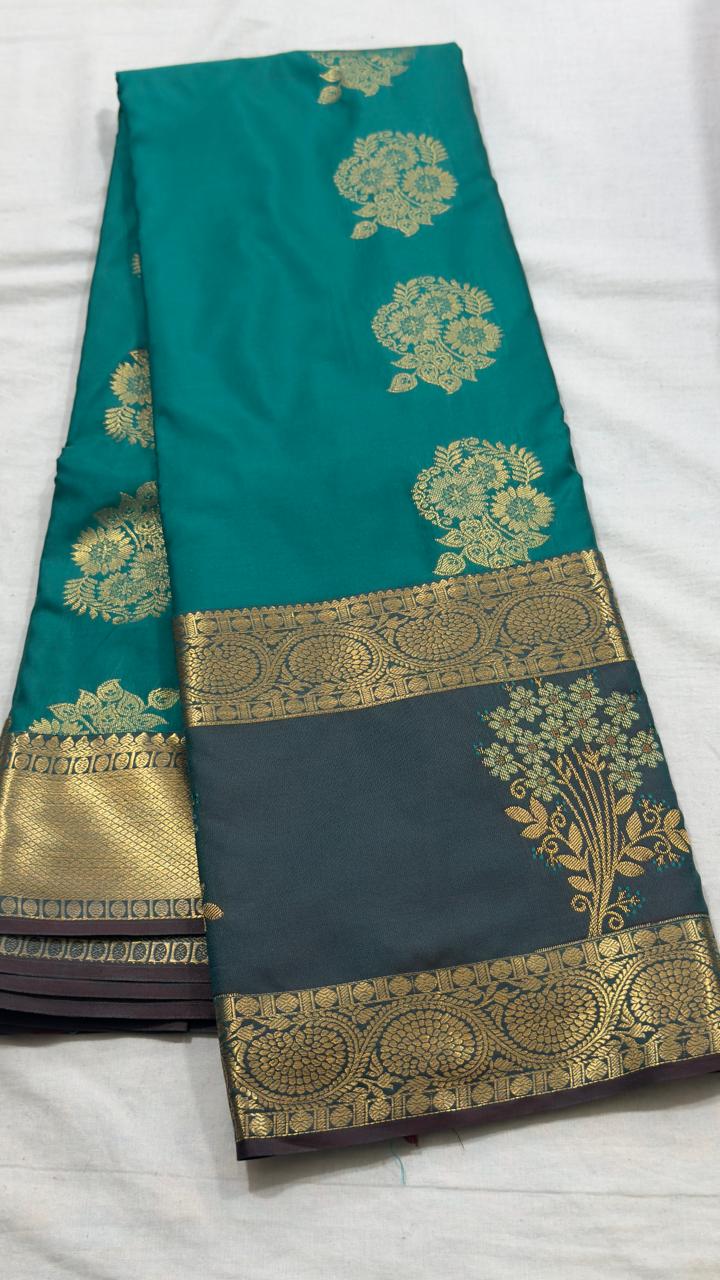 Teal Green & Charcoal Gold Floral Zari Kanjivaram Silk Saree view 1 - Rangam Saradha Silks