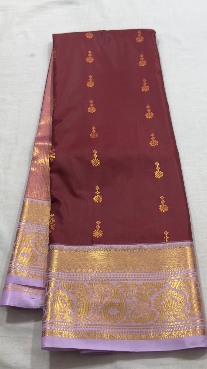 Wine Maroon & Lavender Gold Peacock Zari Kanjivaram Silk Saree view 1 - Rangam Saradha Silks
