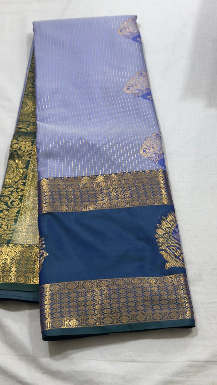 Powder Blue & Deep Blue Gold Zari Kanjivaram Silk Saree view 1 - Rangam Saradha Silks