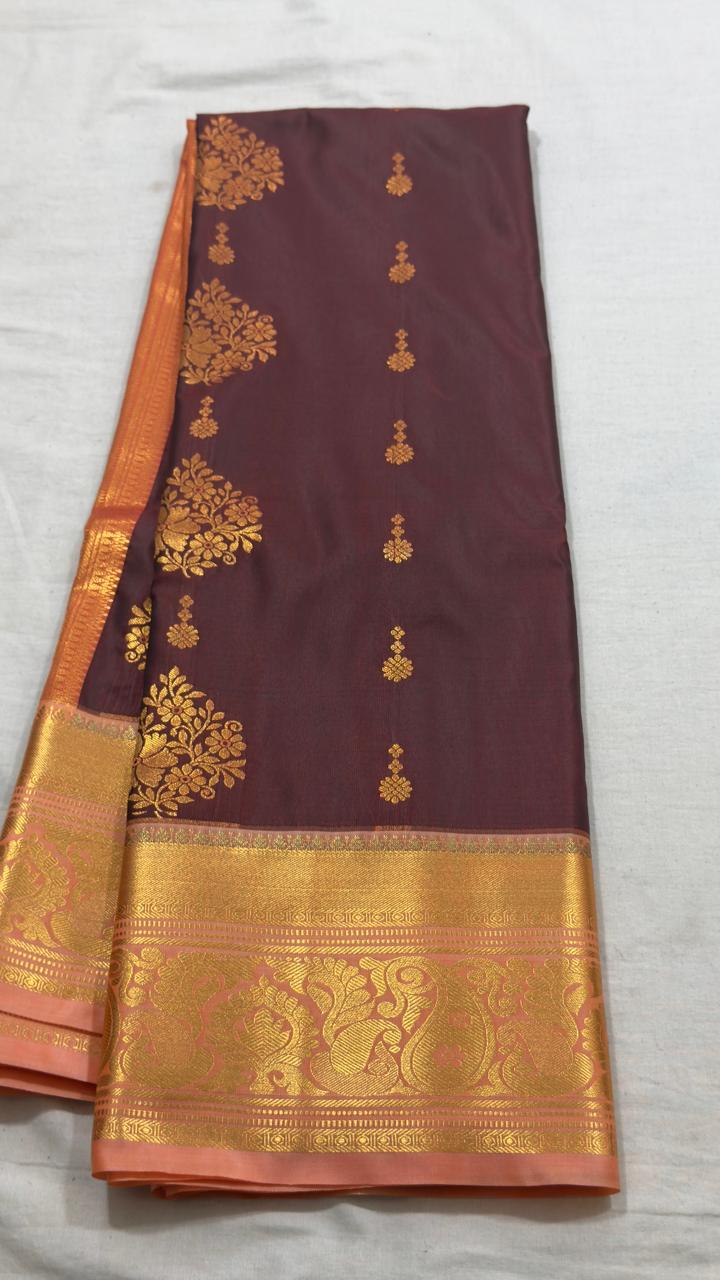 Deep Maroon & Peach Gold Floral Zari Kanjivaram Silk Saree view 1 - Rangam Saradha Silks