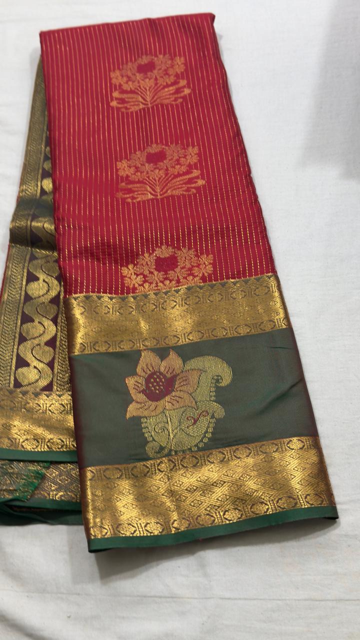Ruby Red & Forest Green Floral Zari Kanjivaram Silk Saree view 1 - Rangam Saradha Silks