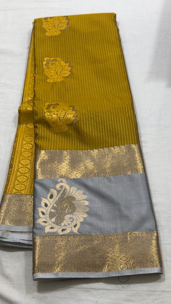 Mustard Yellow & Silver-Grey Gold Zari Kanjivaram Silk Saree view 1 - Rangam Saradha Silks