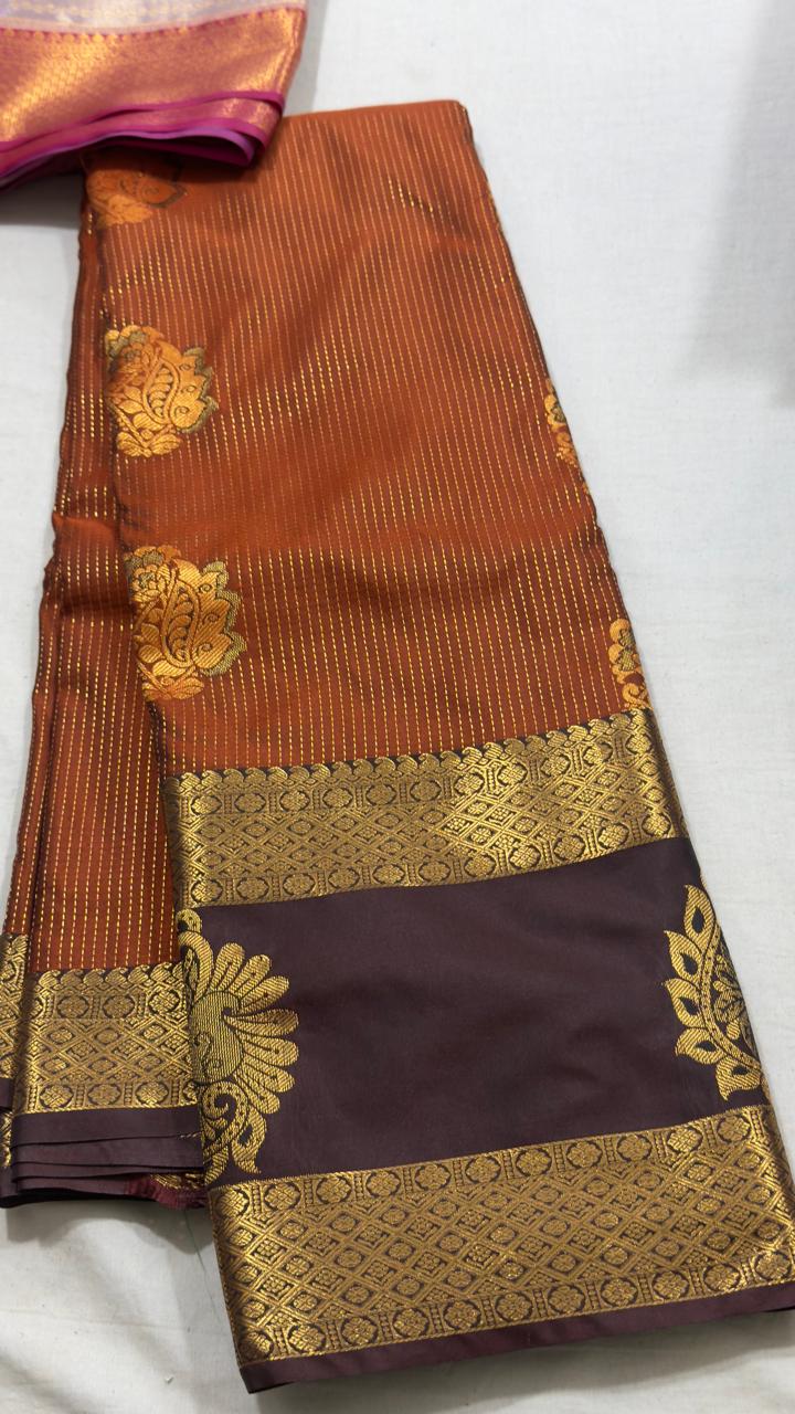 Rust Orange & Deep Brown Gold Zari Kanjivaram Silk Saree view 1 - Rangam Saradha Silks