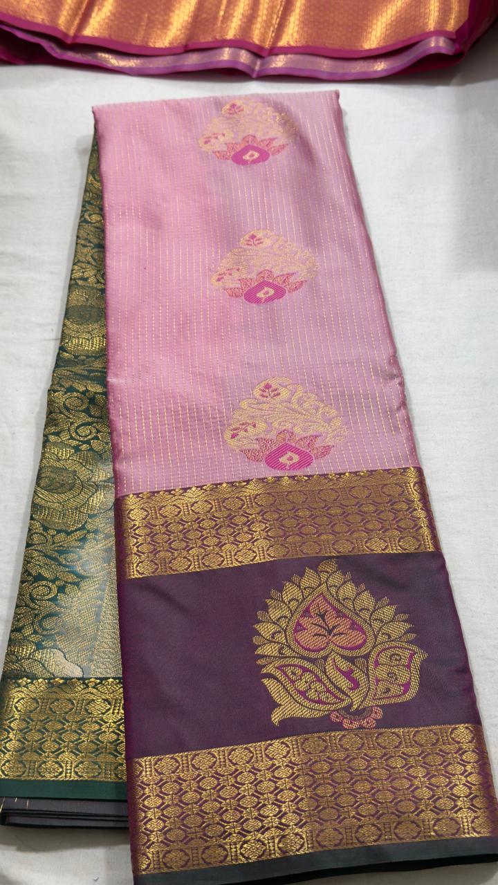 Soft Pink & Plum Gold Zari Kanjivaram Silk Saree view 1 - Rangam Saradha Silks