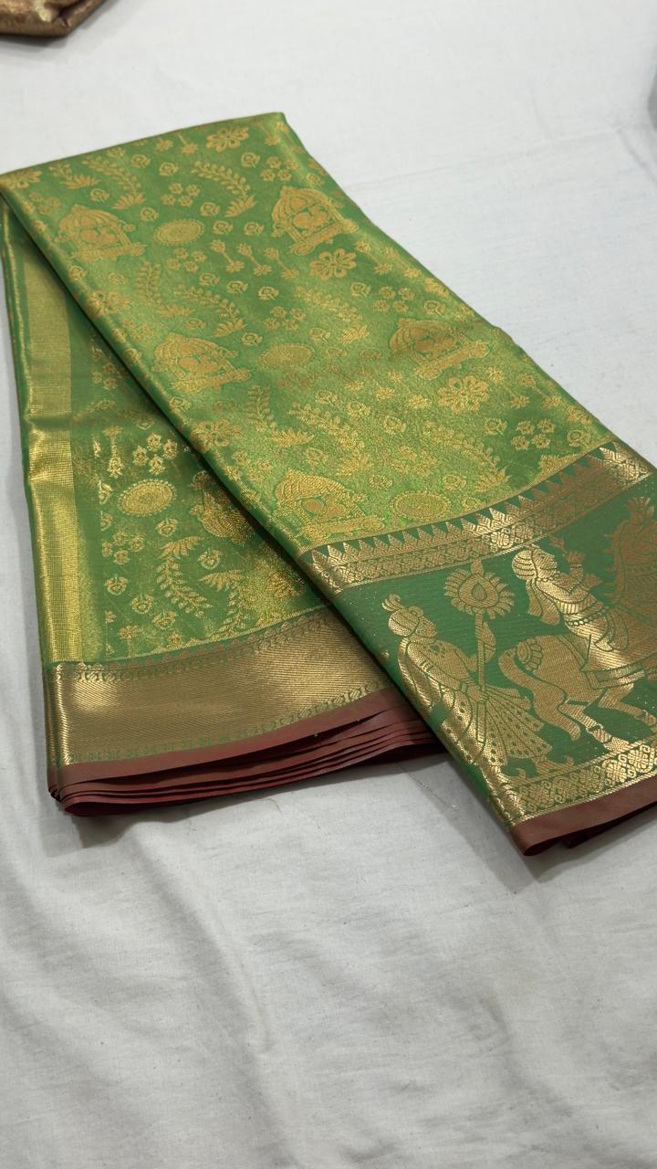 Emerald Green & Antique Gold Peacock Motif Kanjivaram Silk Saree
