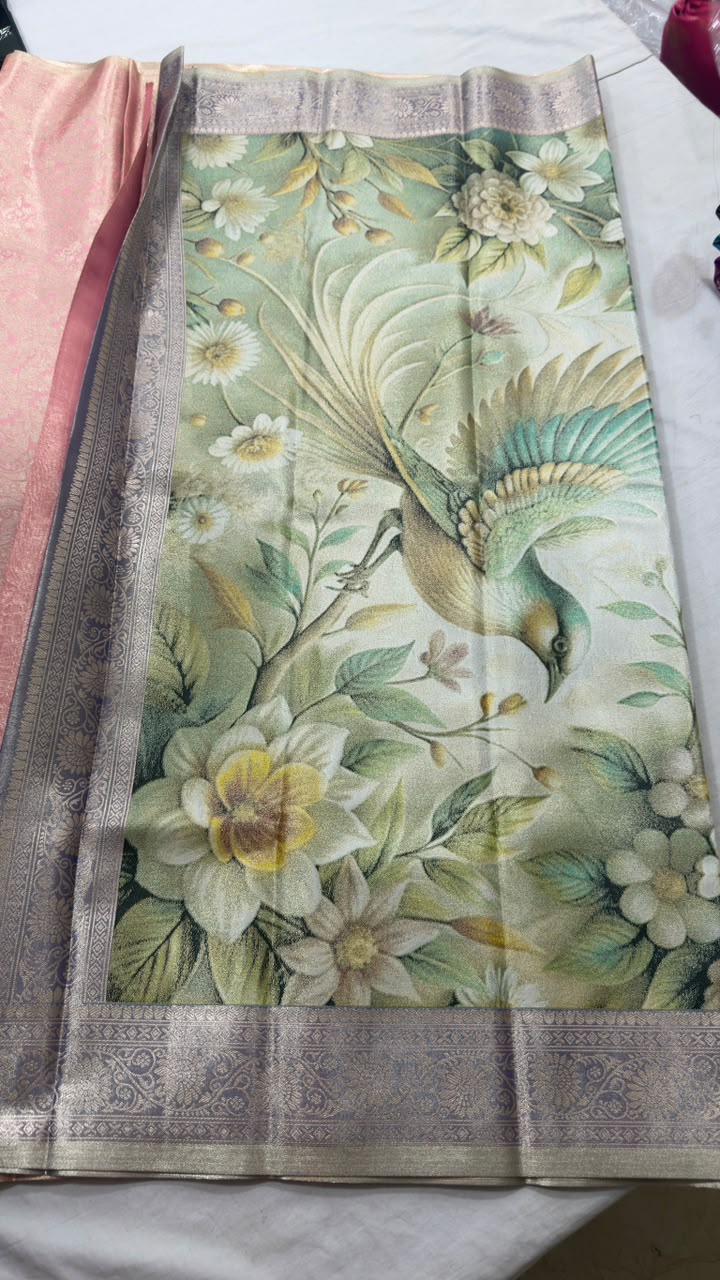 Peach Pink Floral Zari Silk Saree