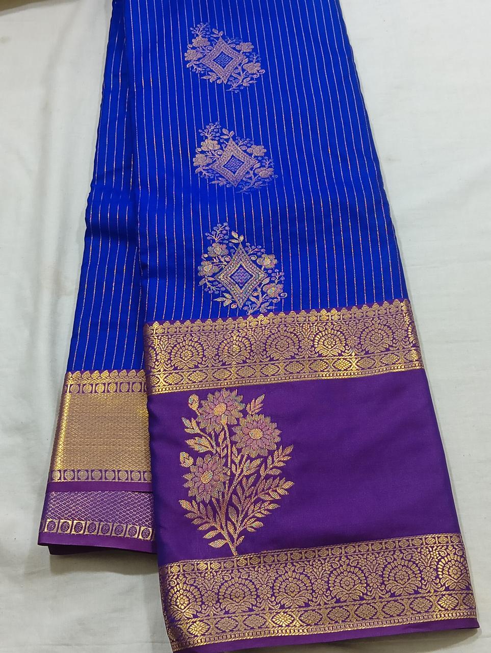 Royal Blue & Purple Floral Zari Kanjivaram Silk Saree view 1 - Rangam Saradha Silks