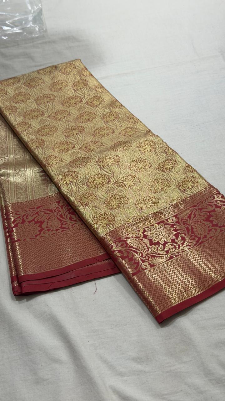 Antique Gold & Maroon Floral Zari Kanjivaram Silk Saree