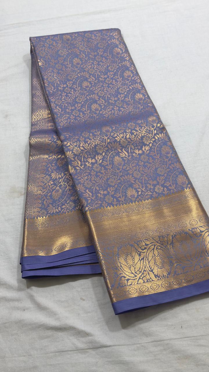 Dusty Periwinkle Blue & Antique Gold Floral Brocade Kanjivaram Silk Saree