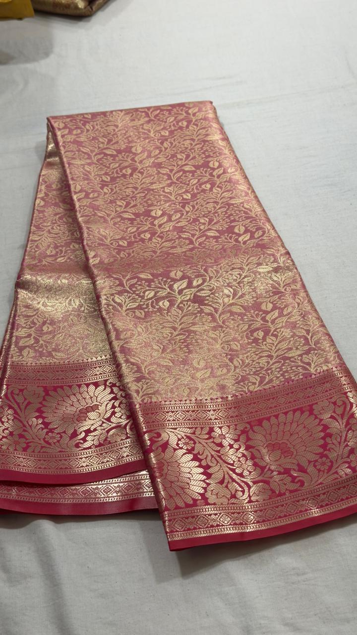 Rose Pink & Gold Floral Vine Zari Kanjivaram Silk Saree