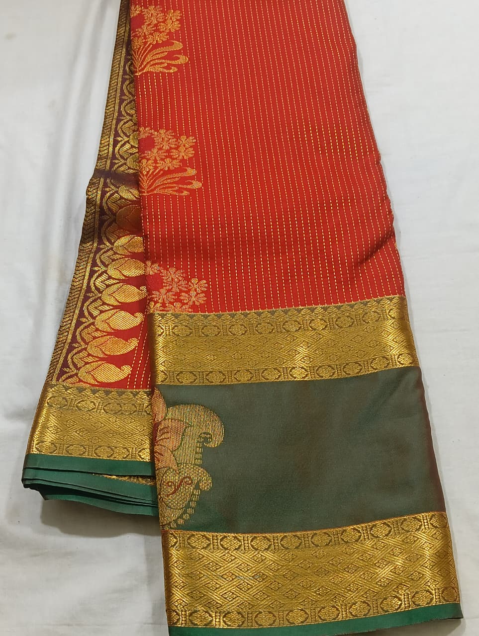 Vermilion Red & Sage Green Gold Zari Floral Kanjivaram Silk Saree view 1 - Rangam Saradha Silks