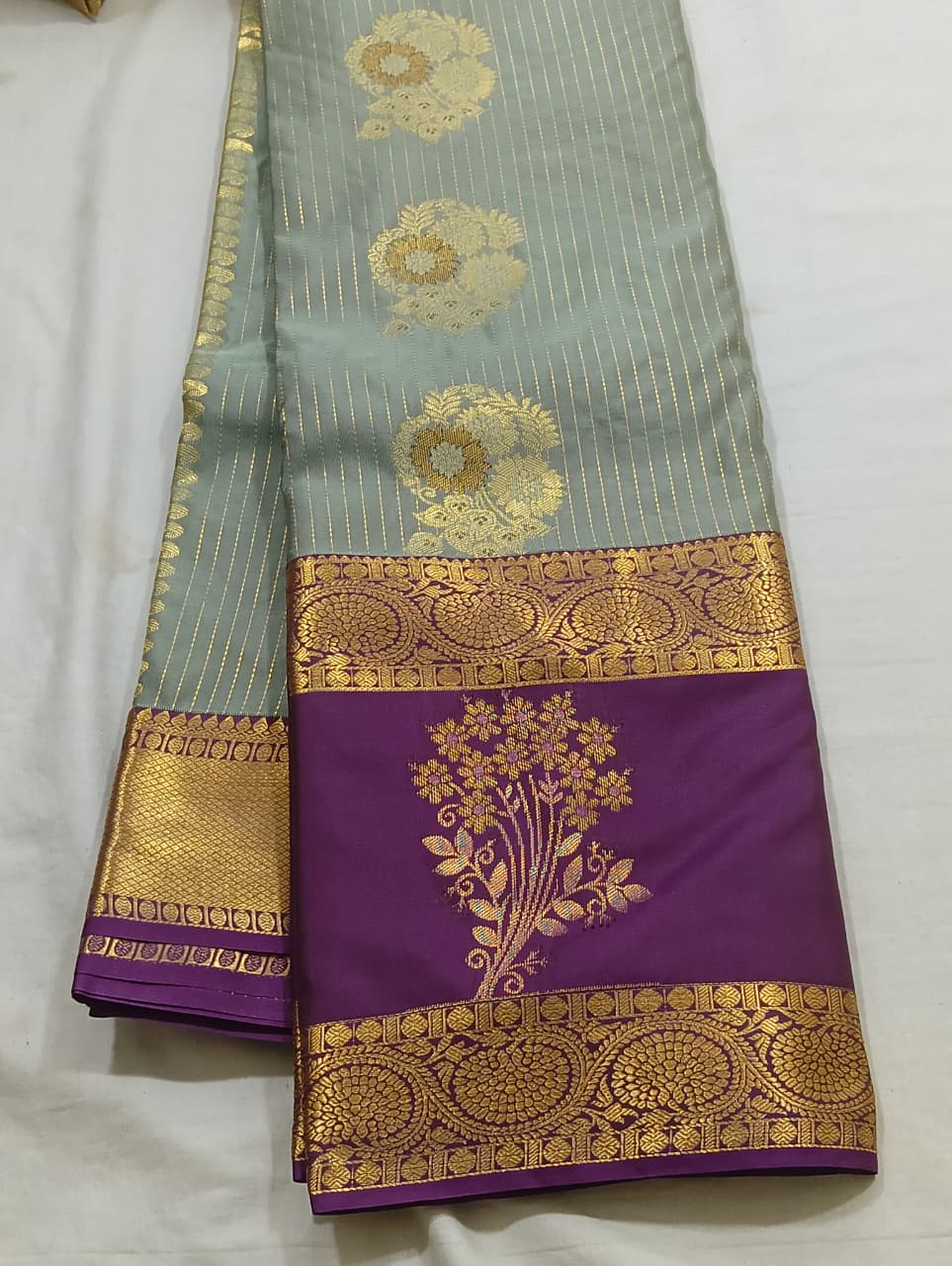 Misty Sage & Plum Floral Bouquet Kanjivaram Silk Saree view 1 - Rangam Saradha Silks