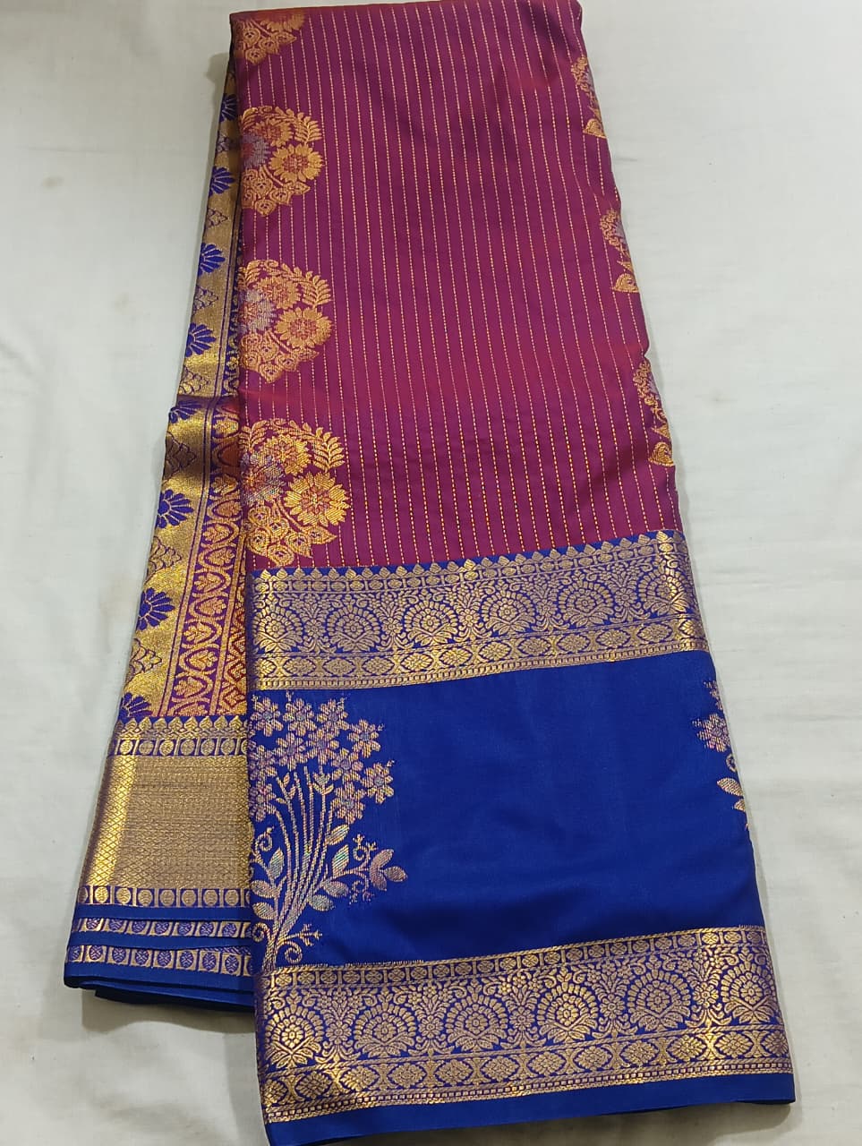 Berry Plum & Royal Blue Floral Bouquet Kanjivaram Silk Saree view 1 - Rangam Saradha Silks